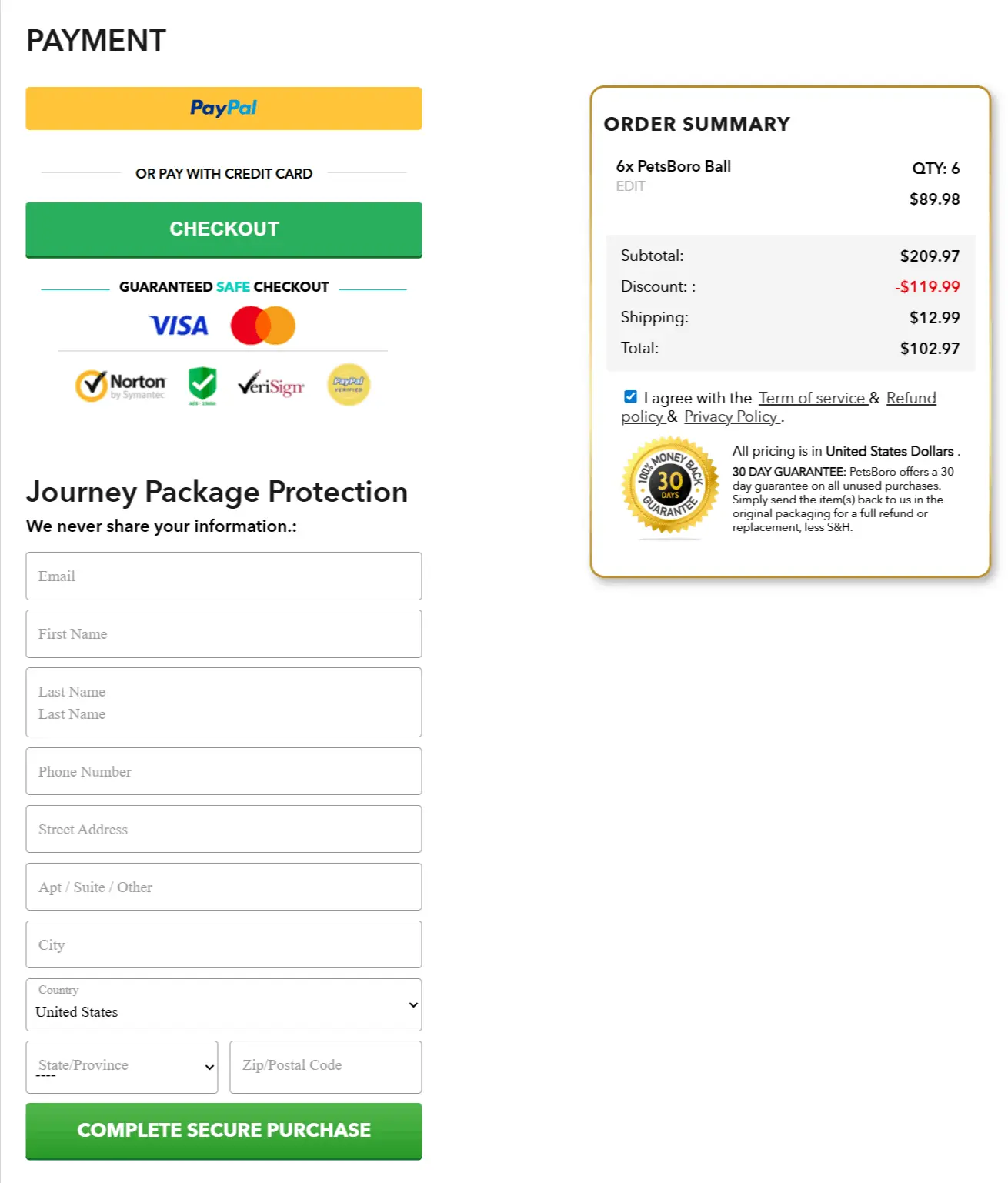 PetsBoro Pet Ball secure checkout page